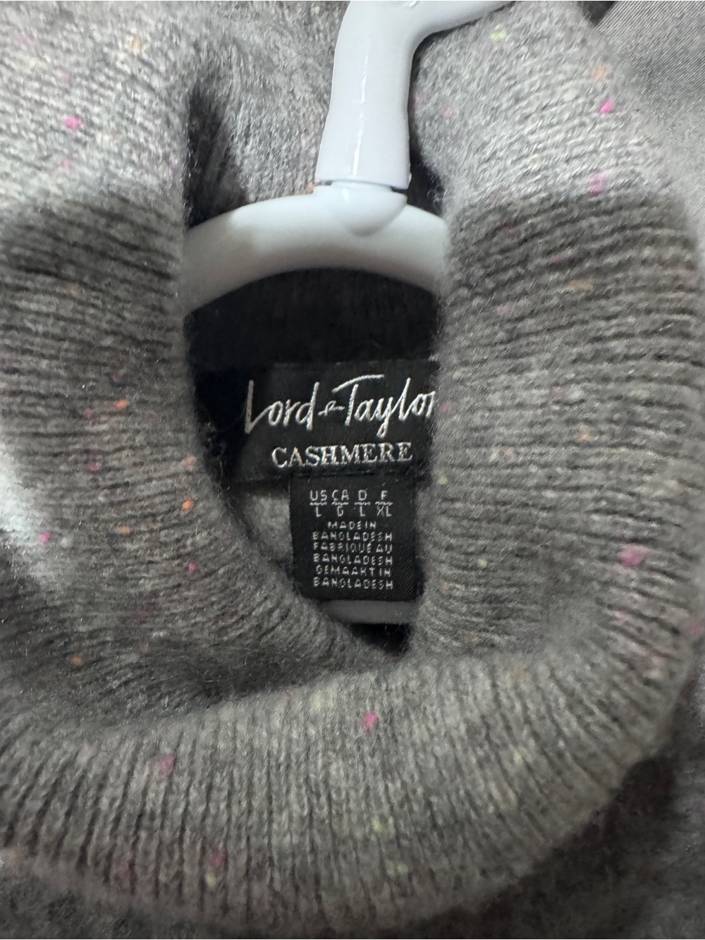 Lord & Taylor Gray Cashmere Turtleneck Sweater with Pink Flecks